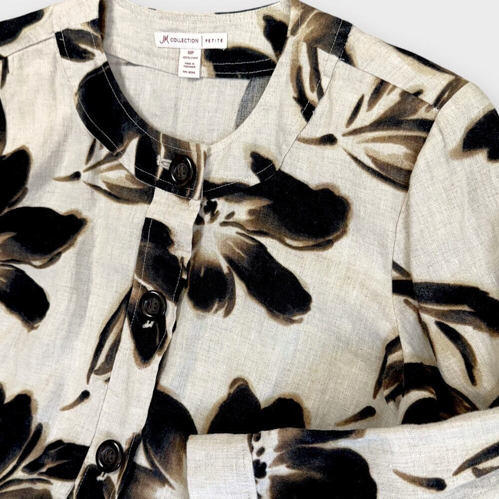 JM Collection Petite 100% Linen Floral 3/4 Sleeves Button Up Top Blouse Size 10P - Picture 6 of 13